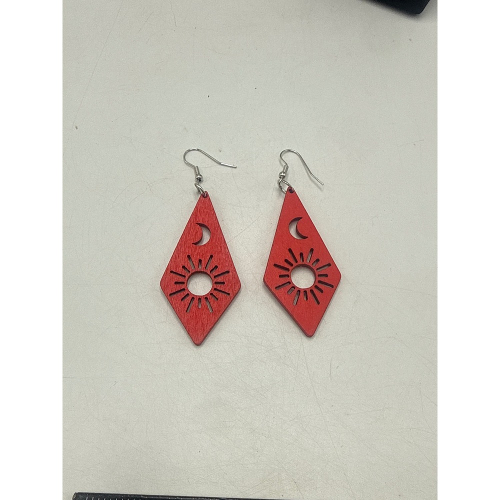 Red Wooden Celestial Sun and Moon Diamond Drop Earrings Boho‎ Dangle Silver Tone